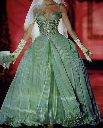 Vintage Ball Gown A Line Spaghetti Strap Beaded Pleated Green Tulle Party Dress Evening Dress HZ1023